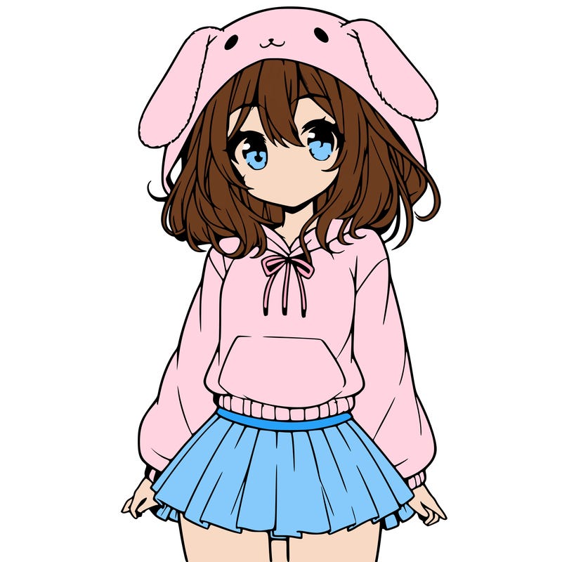pretty anime girl wearing a fluffy hoodie with bunny ears on the hood and a skirt
