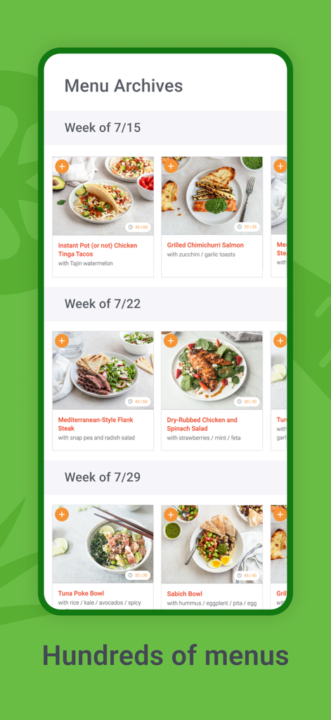 Cook Smarts - Easy Meal Plans - Cook Smarts app interface showing a list of weekly meal plans in the menu archives section