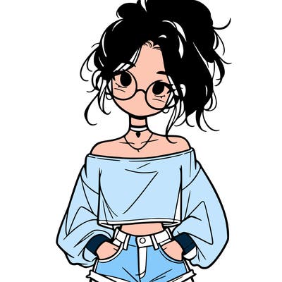 girl with a messy ponytail glasses a baggy crop top and jean shorts