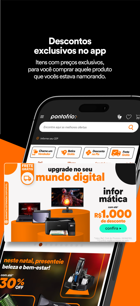 Pontofrio: Compre online - Interfaccia dell'app di shopping Pontofrio che mostra sconti esclusivi su elettronica e prodotti di bellezza con spedizione gratuita.