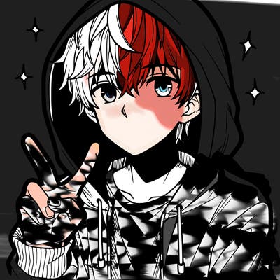 teenage manga boy in a hoodie, doing ✌