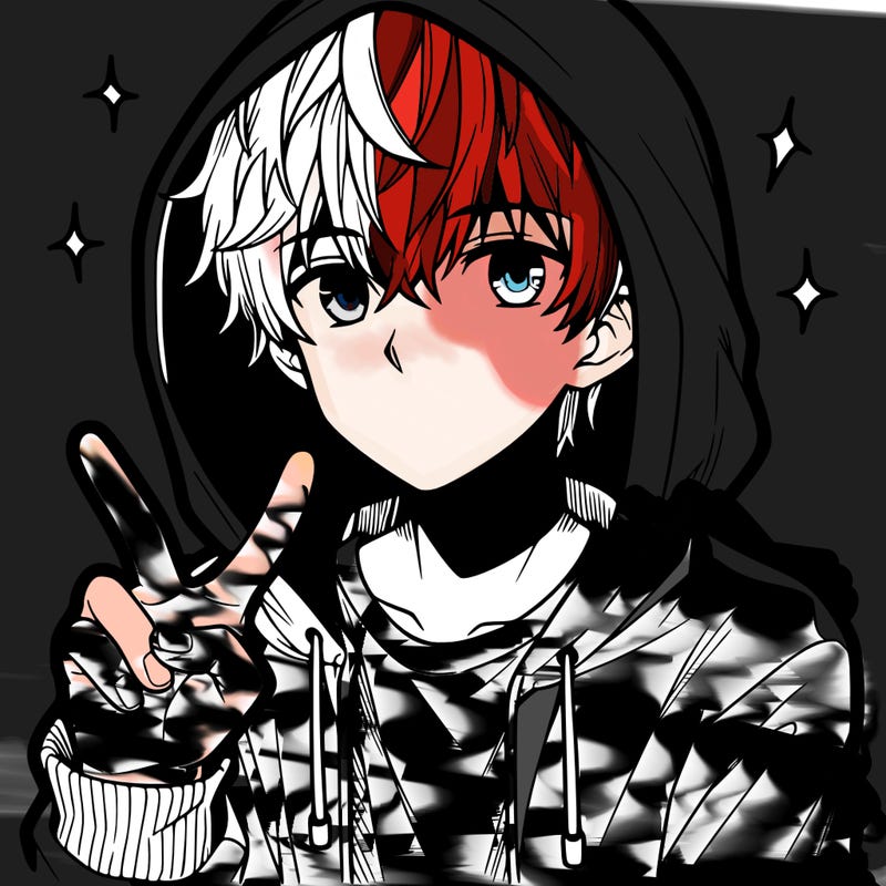 teenage manga boy in a hoodie, doing ✌