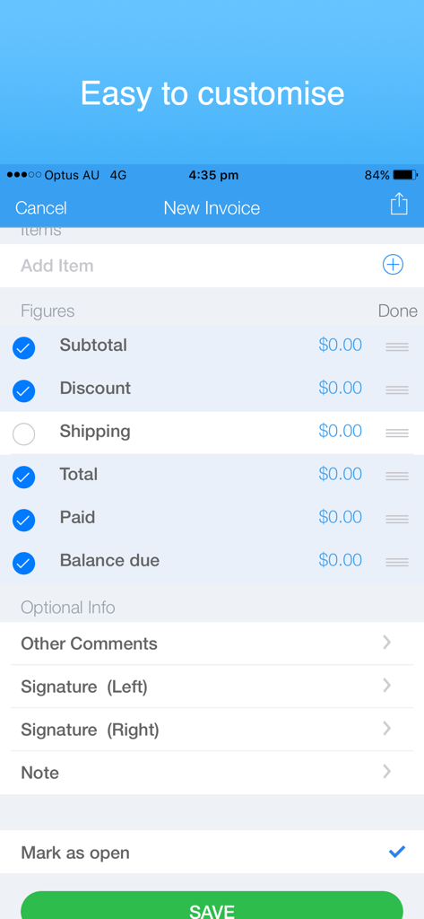 A mobile app screen showing invoice customization options like subtotal, discount, and signatures