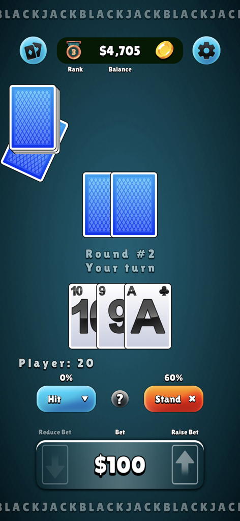 Pantalla de juego de Simulius BlackJack mostrando la mano de un jugador de 20 con opciones de 'pedir' y 'plantarse'