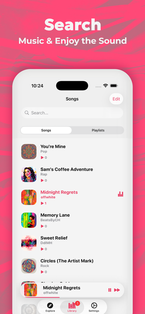 Pantalla de la biblioteca de la aplicación reproductor de música Tubidy FM con barra de búsqueda y lista de canciones.