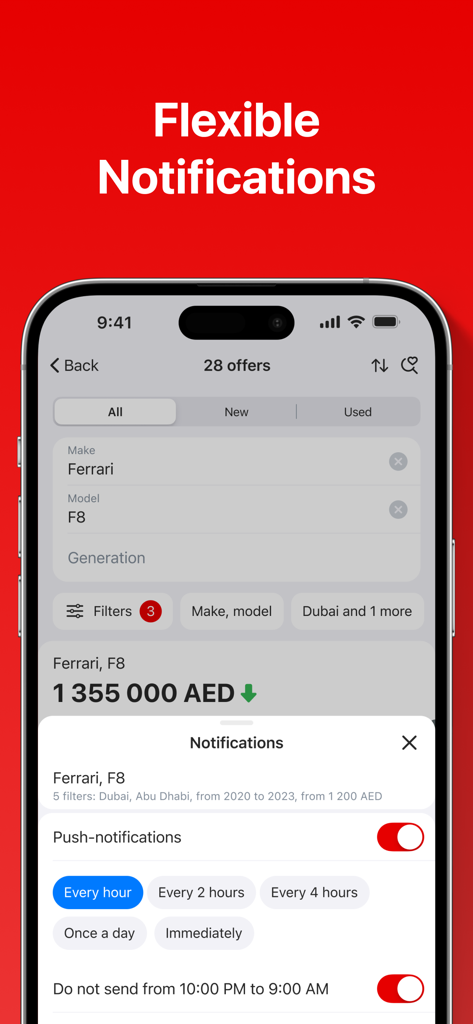 AUTO.AE: Buy & Sell Cars - Mobile app screen showing flexible push notification settings for car alerts on AUTO.AE