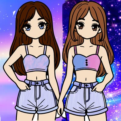 two sisters with crop tops and jean shorts and straight hair