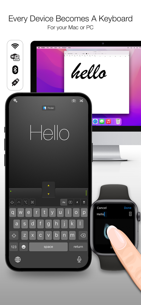 La aplicación Mobile Mouse muestra un iPhone y Apple Watch actuando como teclado y trackpad inalámbricos para una computadora