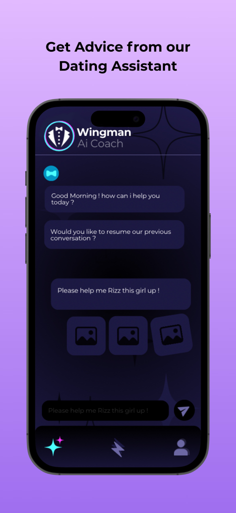 Pick Up Lines: How2Rizz - A smartphone showing a chat with an AI dating assistant named Wingman AI Coach where a user asks for help to rizz someone up