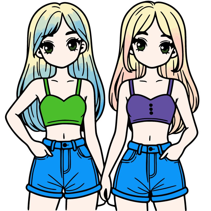 two sisters with crop tops and jean shorts and straight hair