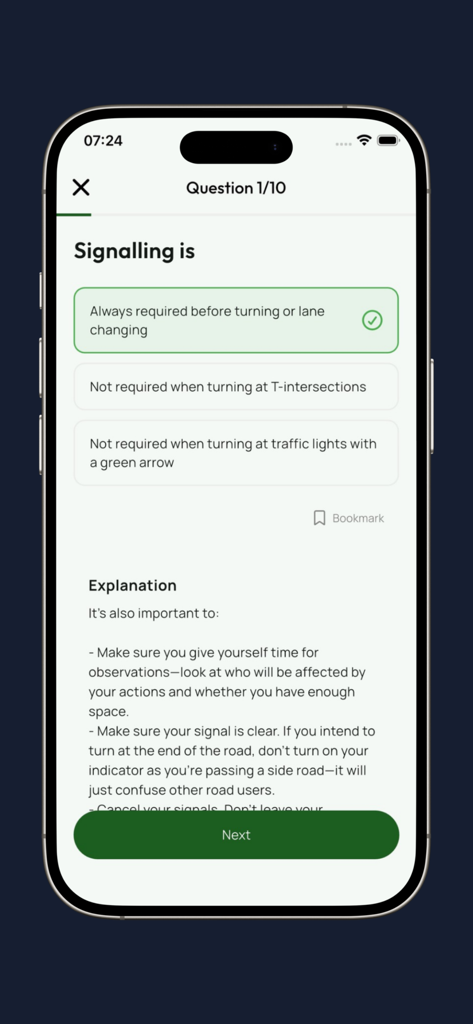 Interface showing a practice question about signaling with an explanation on the Provisional Highway Code app for the Zimbabwe VID test