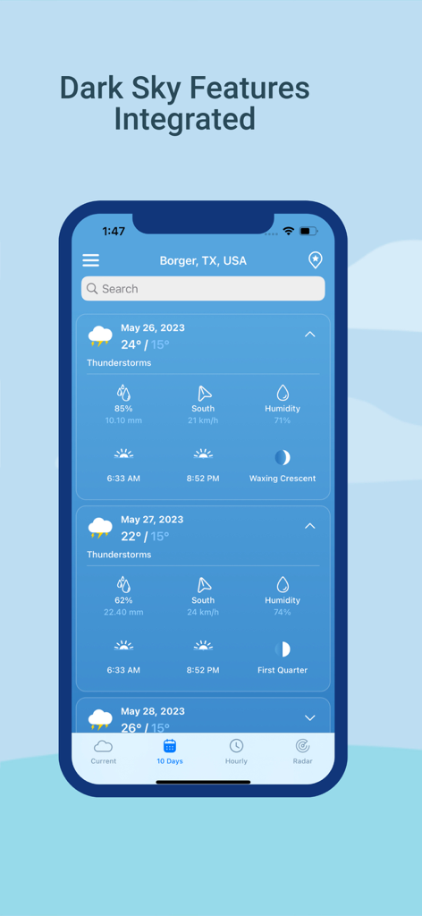 Dark Sky Tech Weather App - Smartphone screen showing the 10 day hyperlocal forecast in the Dark Sky Tech Weather App