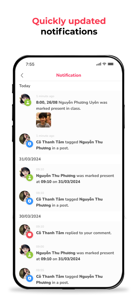 Monkey Class - Pantalla de notificaciones de la aplicación Monkey Class mostrando actualizaciones escolares y alertas de asistencia