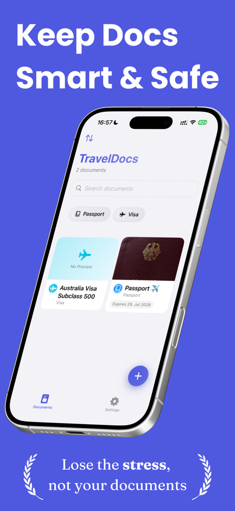 iPhone screen showing the TravelDocs app with digital copies of a passport and an Australia visa