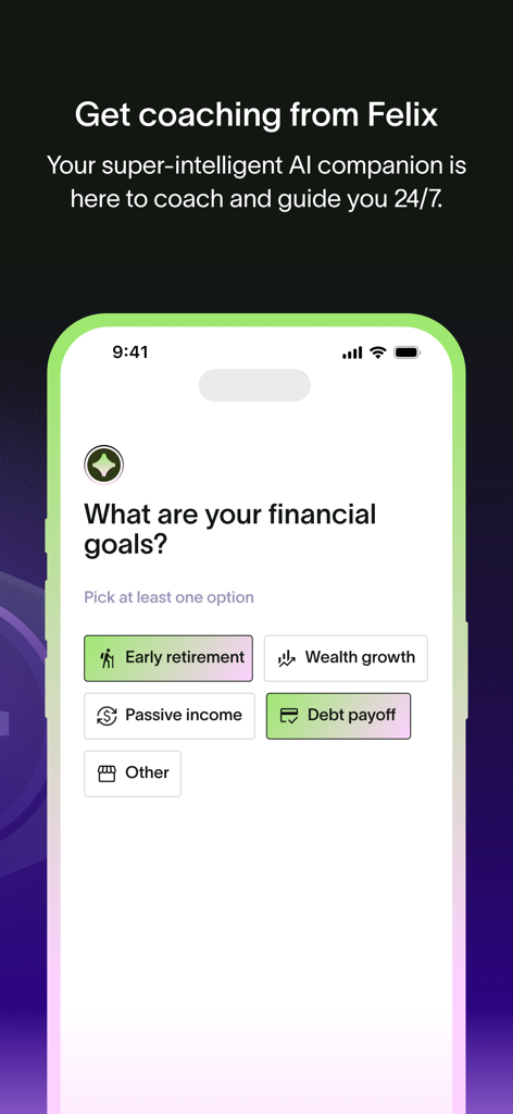 Richify mobile app screen asking the user to choose financial goals like early retirement and wealth growth with AI coach Felix