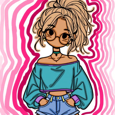 girl with a messy ponytail glasses a baggy crop top and jean shorts