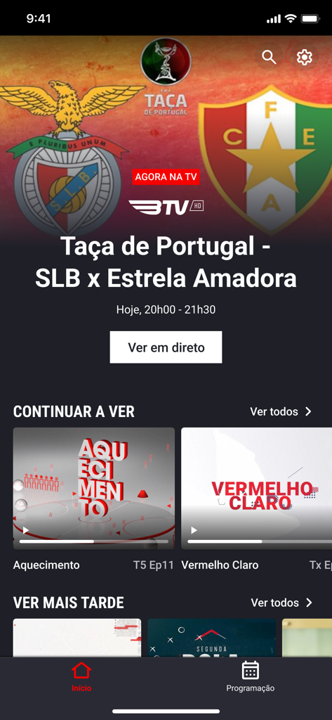 BTV Online - Tela inicial do aplicativo BTV Online mostrando uma transmissão ao vivo de partida de futebol entre SL Benfica e Estrela Amadora