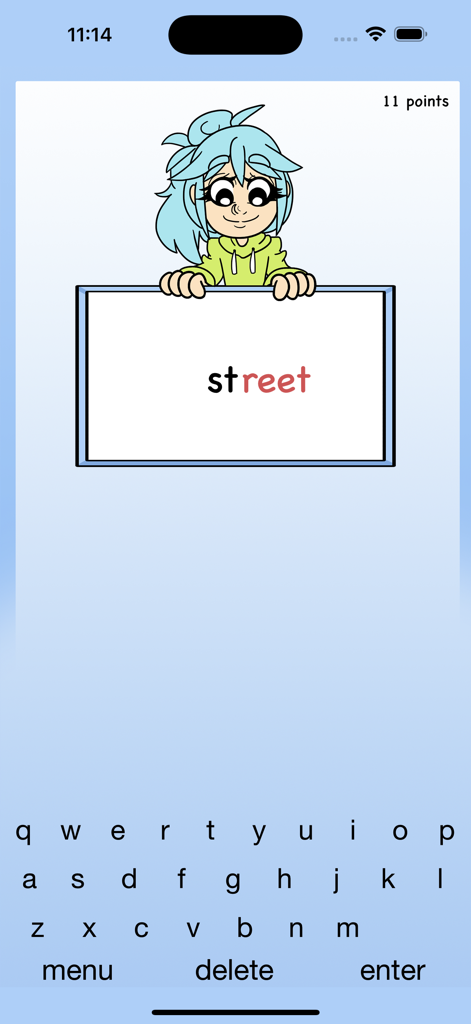 Word Wise - A character holding a spelling board with the word street in the Word Wise app
