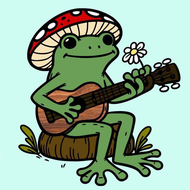 frog playing a ukulele with a mushroom hat