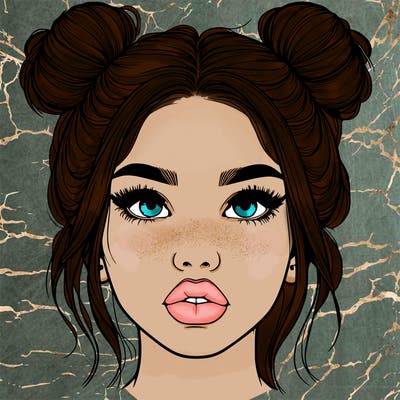 realistic girl with two buns on her hair and lips