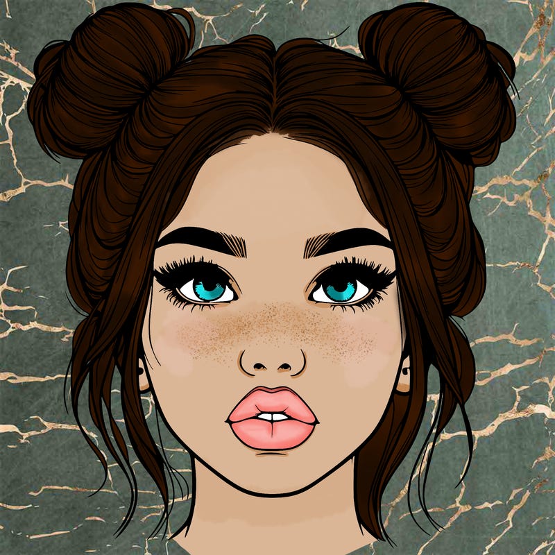 realistic girl with two buns on her hair and lips