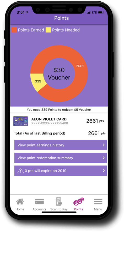 AEON CARD MOBILE app points and rewards screen showing voucher progress and earned points