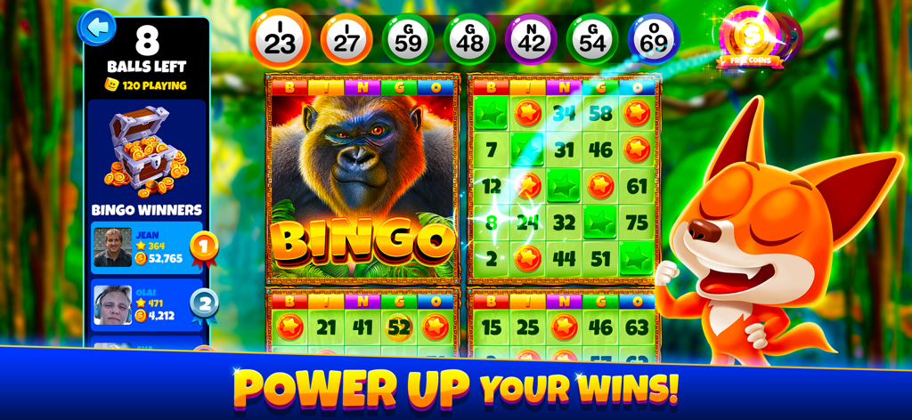 Xtreme Bingo! Slots Bingo Game - Jeu de bingo multi-cartes dans Xtreme Bingo avec un thème de gorille et une mascotte renard de dessin animé