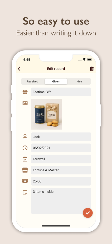 Smartphone display showing the Edit record screen of the Gift Recorder app with details for a given gift including photo and price.