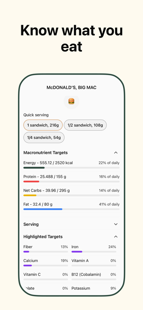 Calorie Tracker: Burner Diet - Burner Diet app interface showing a detailed nutritional breakdown and macronutrient targets for a McDonald s Big Mac