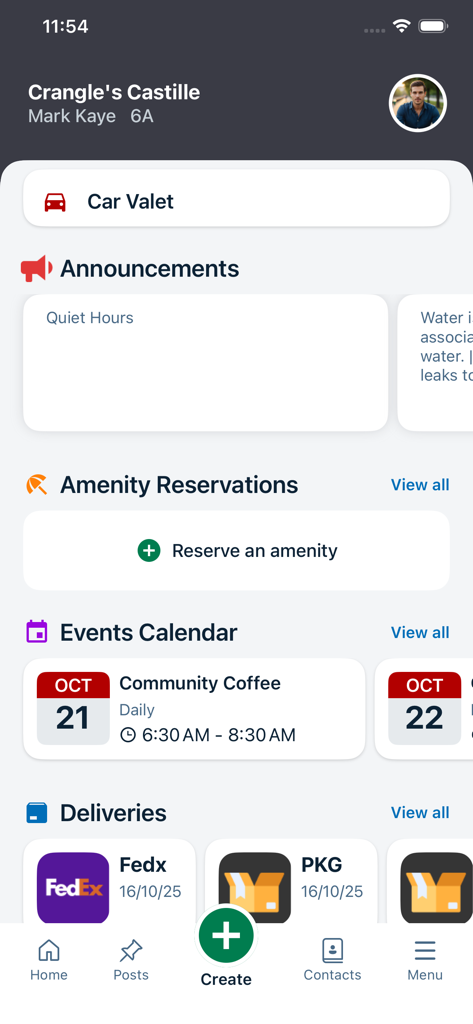 BuildingLink Resident App - Dashboard of the BuildingLink Resident App showing property announcements and amenity reservations