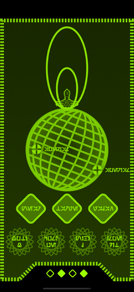 Uma interface de usuário de ficção científica procedural verde com um globo de wireframe e caracteres alienígenas.