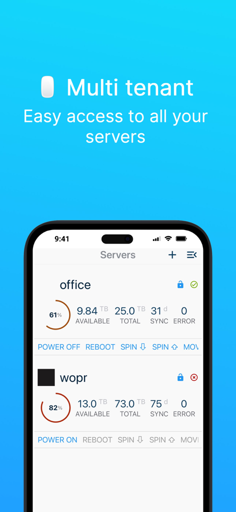 ControlR - ControlR app interface on an iPhone showing a list of multiple Unraid servers with storage stats and power controls
