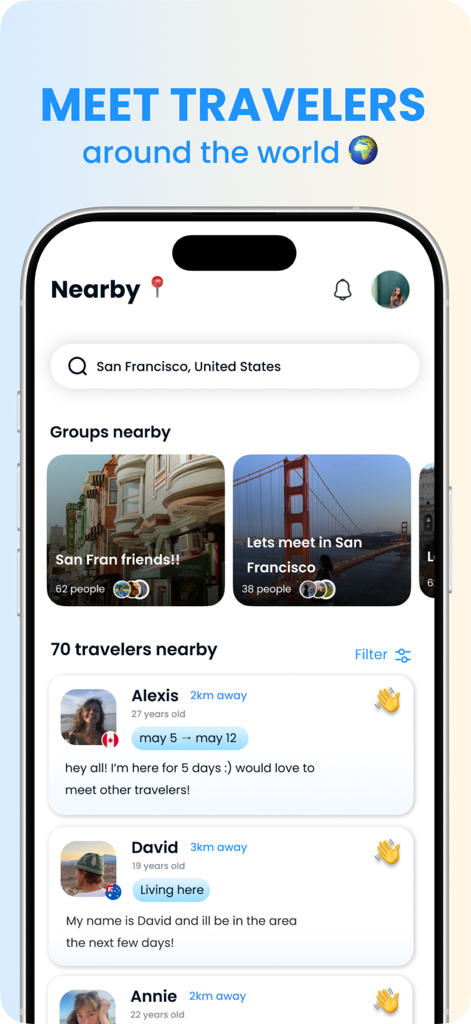 A smartphone interface showing the Going Solo app's nearby feature for finding travel groups and solo friends in San Francisco.