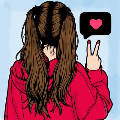 the back of a realistic girl holding up a peace mind saying 30 likes