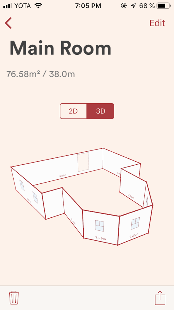 Un wireframe 3D di una stanza principale con dimensioni e misurazioni dell'area visualizzate su un'interfaccia di app mobile