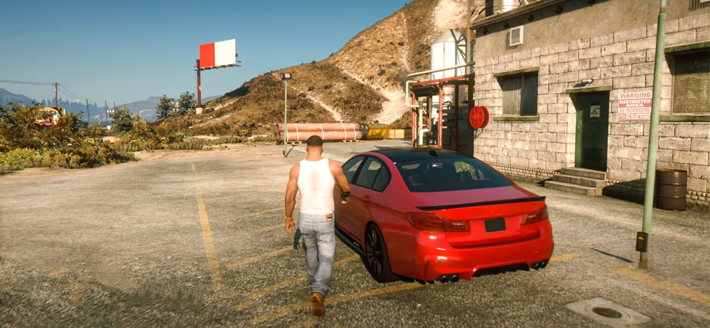 Street Gangster Crime City War - A character walking towards a red sports car in an urban parking lot.