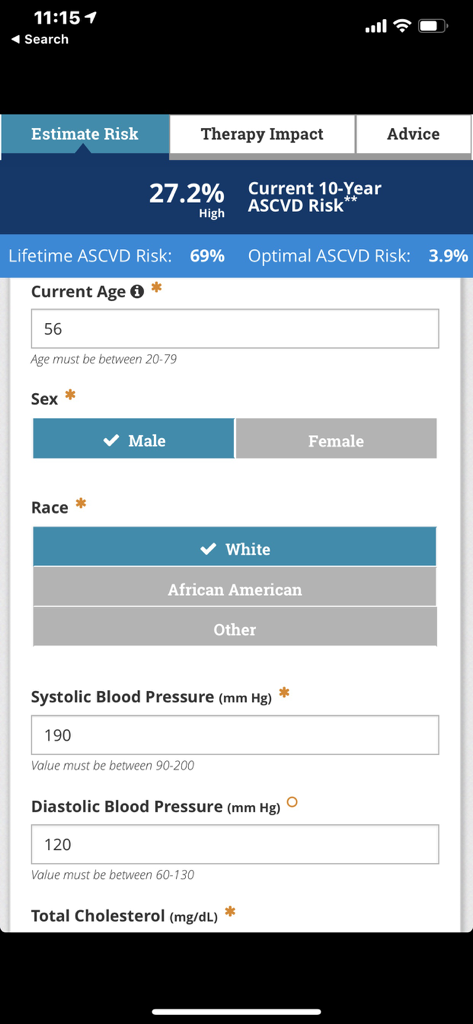 ASCVD Risk Estimator Plus app screen displaying a 10-year cardiovascular risk score and clinical data inputs.