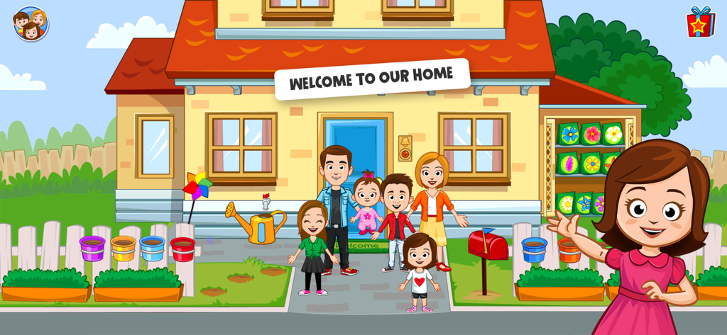 Cartoon family characters standing in front of a yellow house with a sign saying Welcome to Our Home