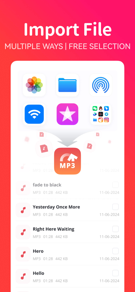 MP3 Converter - video2mp3 - MP3 Converter app interface showing multiple file import options like AirDrop and iCloud