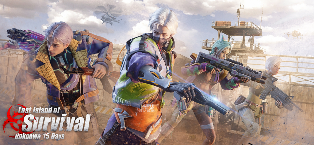 Four stylized characters holding futuristic weapons in a post-apocalyptic setting from the Last Island of Survival mobile game.