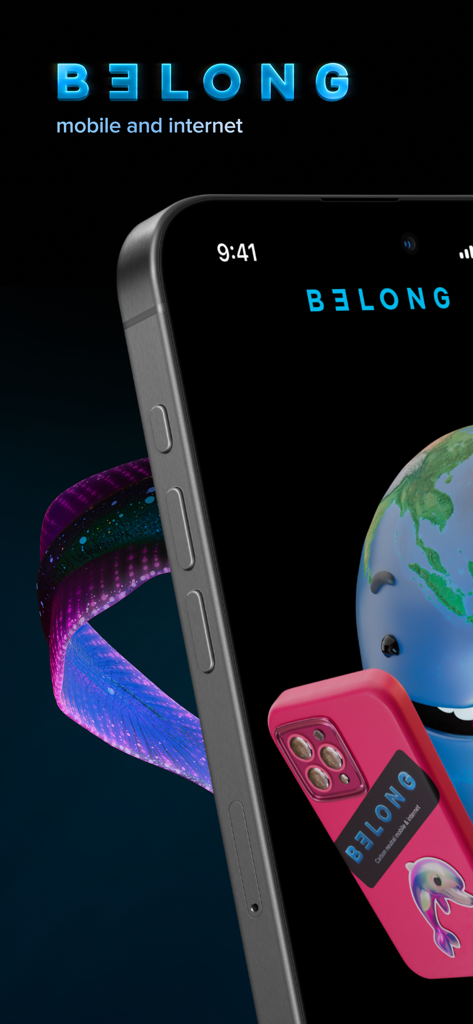 Belong mobile and internet app screen with branding and cartoon globe character