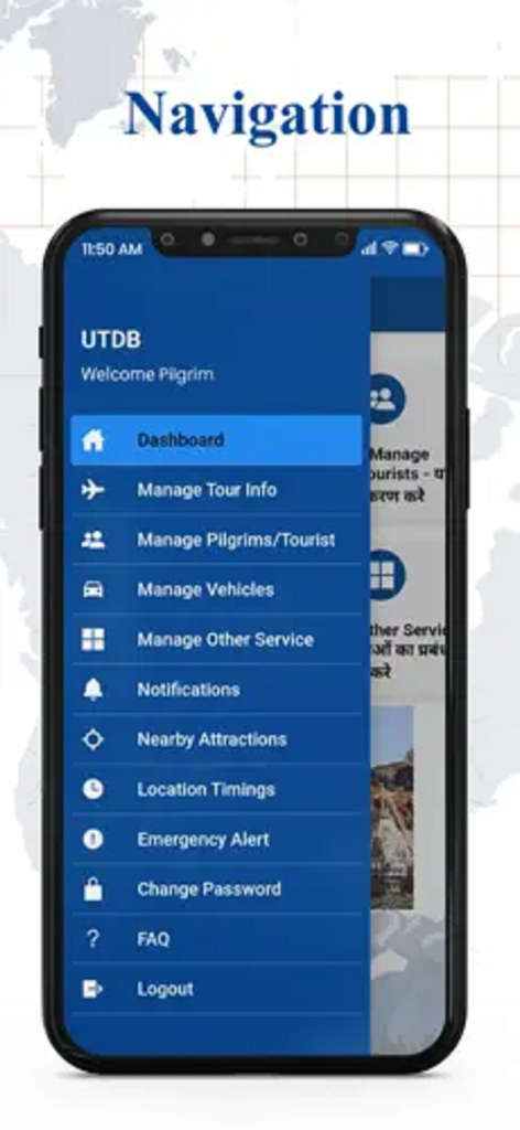 Tourist Care Uttarakhand - Side navigation menu of the Tourist Care Uttarakhand app showing options for managing tours pilgrims and vehicles