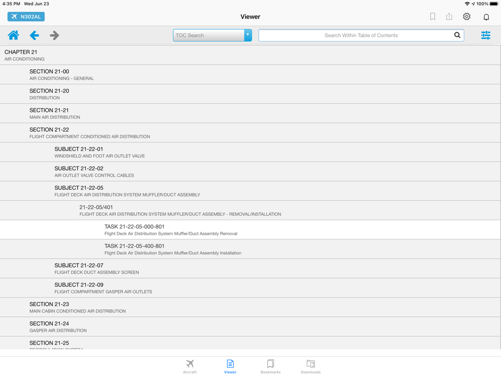 Interfaccia dell'app Boeing Toolbox Mobile Library che mostra capitoli e attività dei manuali di manutenzione aeromobili per i sistemi di aria condizionata.