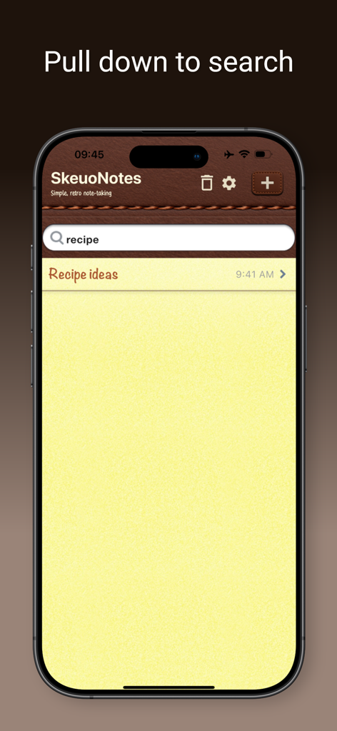 SkeuoNotes - 빈티지 가죽 및 노란색 종이 배경에서 당겨서 여는 검색 표시줄을 보여주는 SkeuoNotes 앱 인터페이스