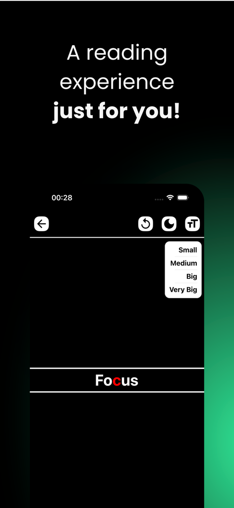 ReadUp: Speed Reading Practice - ReadUp 앱 인터페이스에 글꼴 크기 조정 옵션이 있는 RSVP 속독 모드가 표시됨