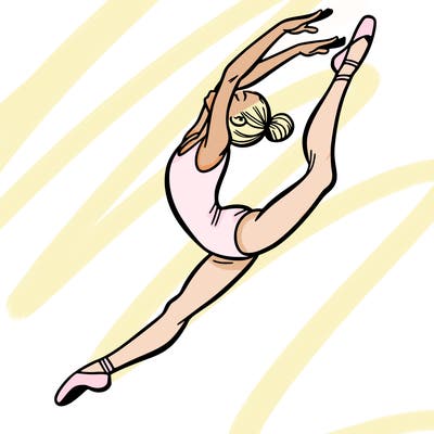 gymnast doing a leap in a leotard with a bent back leg