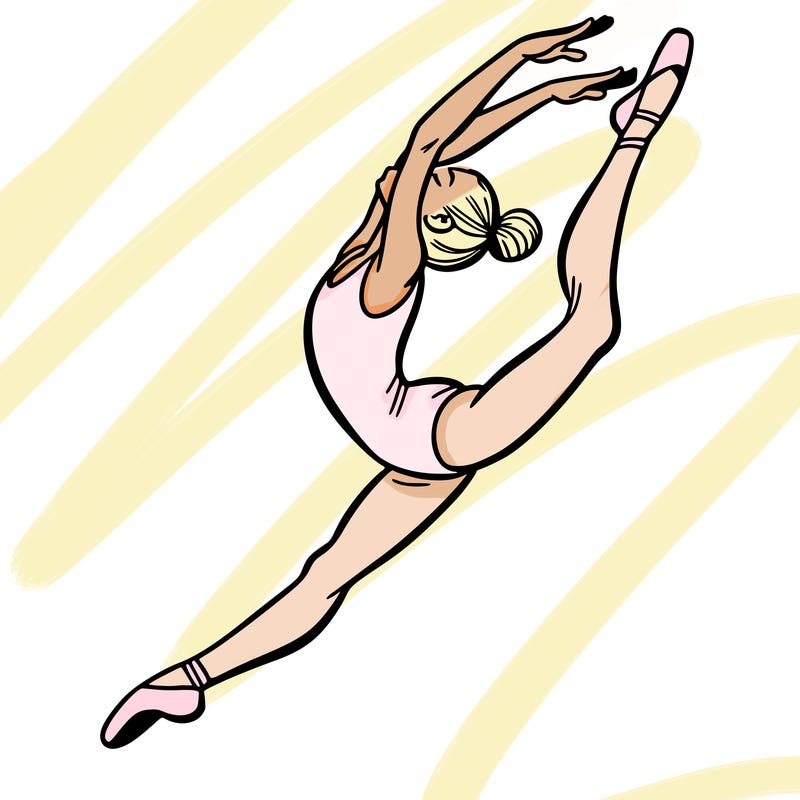 gymnast doing a leap in a leotard with a bent back leg