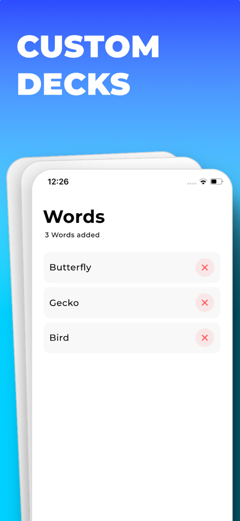 Smartphone screen displaying custom deck word list for Charades party game
