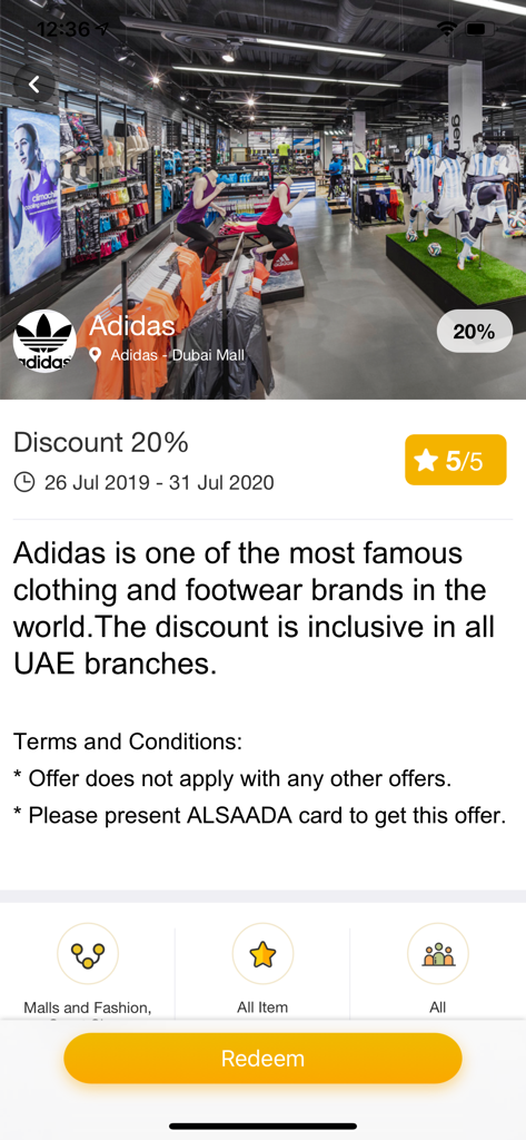 ALSAADA - Adidas 20 percent discount offer on ALSAADA loyalty app for Dubai Mall