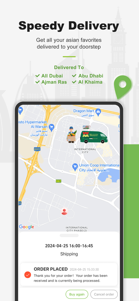 WEMART app interface showing speedy delivery features and real-time order tracking on a map for Asian groceries